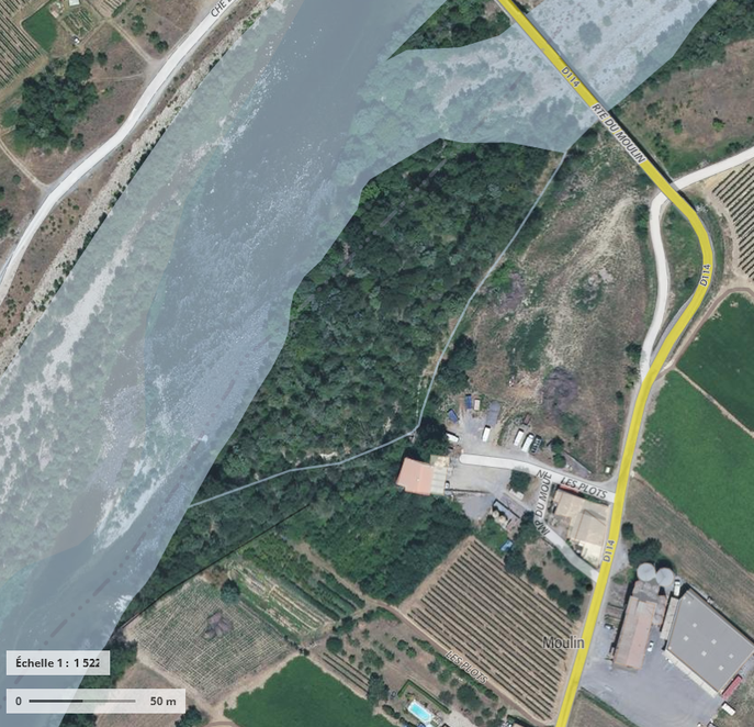 Canal de dérivation de l'Auzon vers le moulin (IGN 2020)