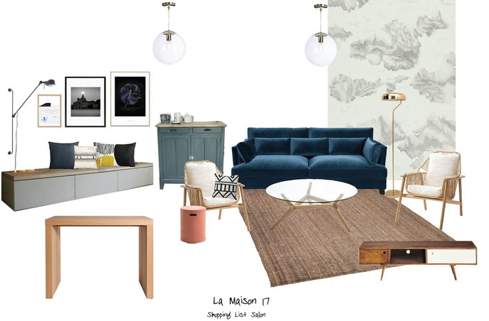 Architecture interieure decoration agencement la maison 17 quimper finistere  planche ambiance shopping liste salon entrée ampm canapé console papier peint