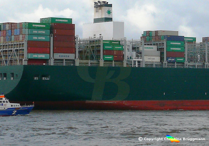Die Ever Given am 09.02.2019 auf der Elbe. Sichtbar die Schrammen der Kollision