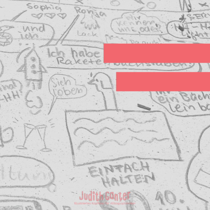 Sketchnotes im Notizbuch mit gezeichneten Motiven: eine Rakete, anstoßende Sektgläser, eine Hand, eine Schlange, Schrift, eine ägyptische Figur und ein Swimmingpool. Darüber der handgeschriebene Text: „Schön war es wieder, im Altonaer Museum.