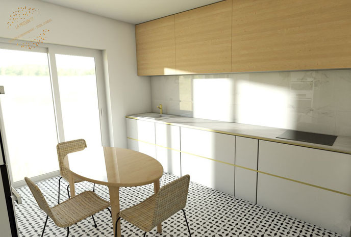 quimper architecture intérieur décoration renovation cuisine sur mesure bois et blanc marbre laiton doré
