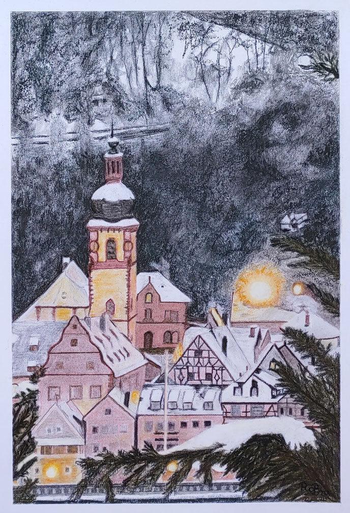 Weihnachtsstimmung, Daheim aus dem Wohnzimmerfenster, der Blick auf Rothenfels  am Main, kleinste Stadt Bayerns,  wohl das letzte Mal beleuchtet, diesen stimmungsvollen Anblick gibt es wegen Strom sparen nicht mehr. A3 Pastell auf Hahnemühle 