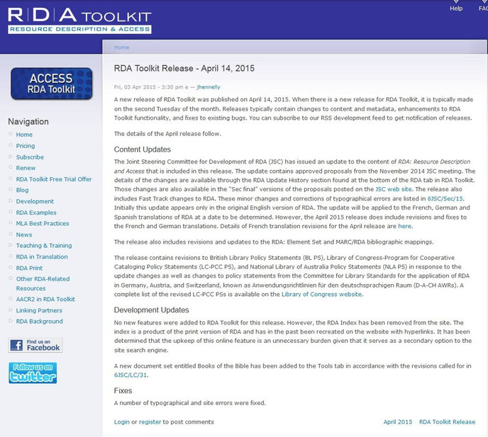 Screenshot Infos zum April-Release auf der Website des RDA Toolkit