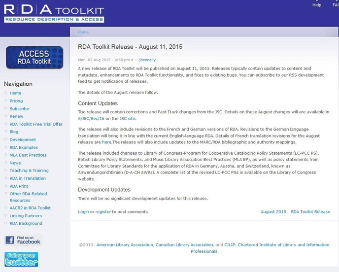 Screenshot Infos zum August-Release auf der Website des RDA Toolkit