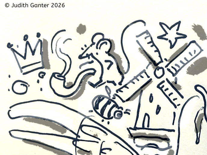 Sketchnote mit Maus und Pfeife als Symbole für den Sketchnote-Workshop im Altonaer Museum zur Ausstellung „Aiga Rasch und ihre Detektive. Die drei ??? (Die drei Fragezeichen) und Sherlock Holmes“.