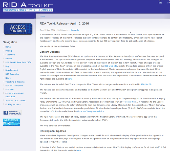 Screenshot Infos zum April-Release auf der Website des RDA Toolkit