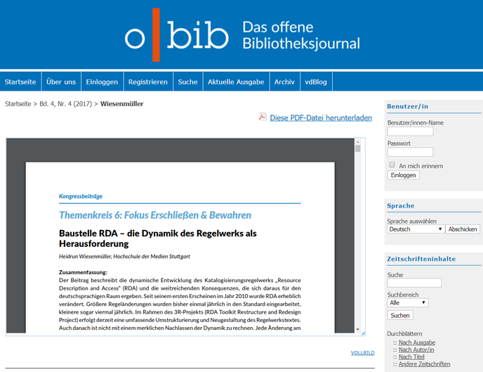 Screenshot des Aufsatzes "Baustelle RDA" auf der o-bib-Website