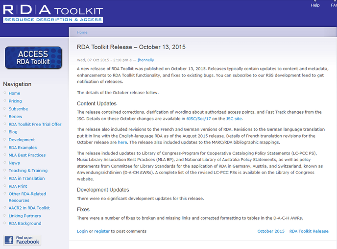 Screenshot Infos zum Oktober-Release auf der Website des RDA Toolkit