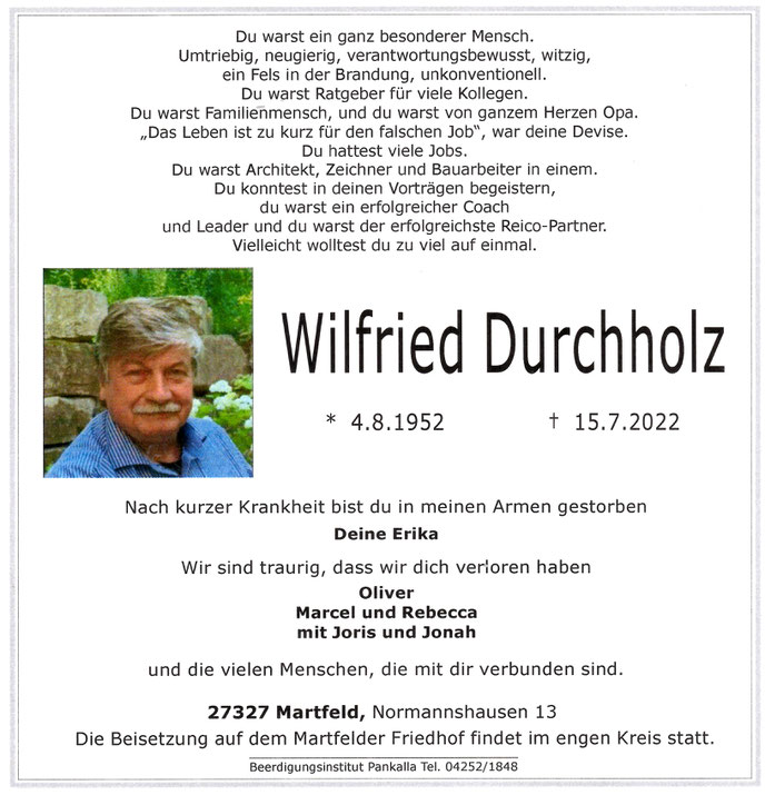 Reico-Partner Wilfried Durchholz, Traueranzeige vom Juli 2022