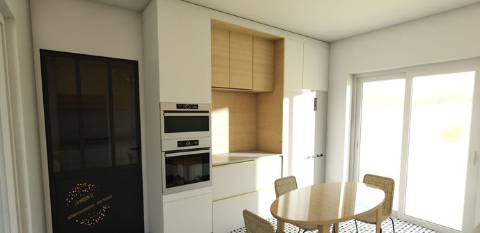 quimper architecture intérieur décoration renovation cuisine sur mesure bois et blanc marbre laiton doré