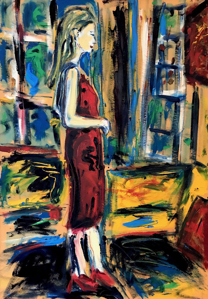 Lady in red/ Öl auf Karton/ ca. 70 cm x 100 cm