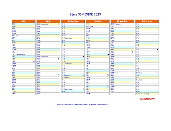 Calendrier semestriel 2024 à imprimer pour le 1er et le 2ème semestre 2024