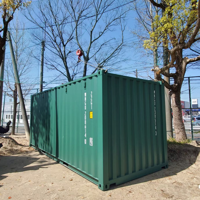 愛知県岡崎市 NEWVANコンテナ20ftグリーン３本･コンテナ移設納品