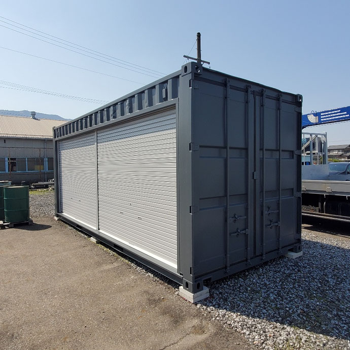 揖斐郡池田町 中古コンテナ20ftフルシャッターLED照明付きグレー塗装設置