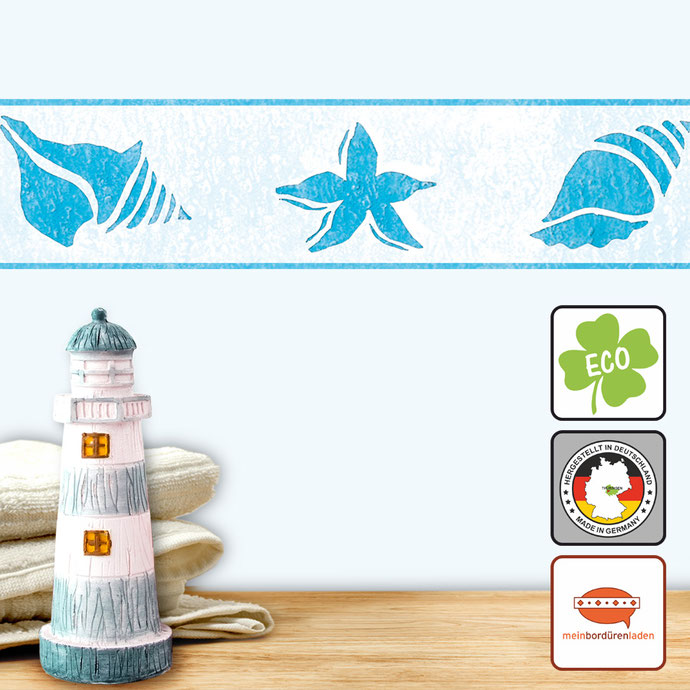 maritime ECO Vliesbordüre mit Muscheln, Schnecken und Seesterne - perfekt für Bad, Flur oder Küche - meinbordürenladen - meinaufkleberladen - Herstellung in Deutschland