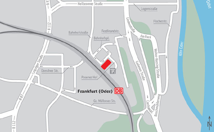 Plano Frankfurt (Oder). En rojo la estación DB.