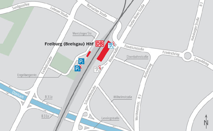 Plano alrededores de la estación de Freiburg (Breisgau)