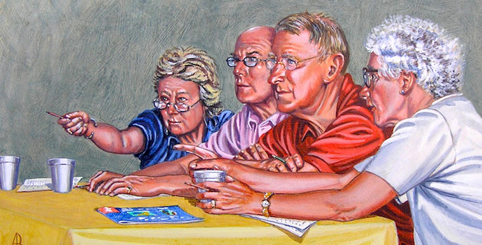 Select? Reject? (acrylic) - 2007 selection team of the Armed Forces Art Society at the Mall Galleries, London.  Vivien Mallock, Morgan Llewellyn, David Seekings, the late Libbie Pike.