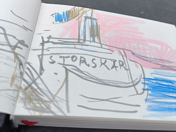 SCANDINAVIAN SKETCHBOOK – Copenhagen, Öresund, Stockholm, Oslo | 2025 | marbled crayon, pencil, blue crayon | series of drawings on paper
