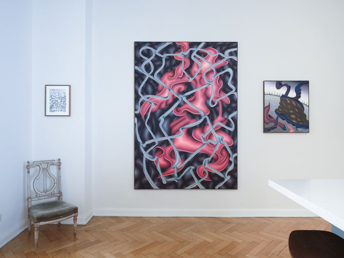 Her Strongholds Unvanquished I, 2025, pencil on paper, 29,7 x 21 cm + Trennungsgrund, 2025, oil on canvas, 200 x 140 cm + Zone der Vermeidung, 2025, oil on canvas, 70 x 60 cm