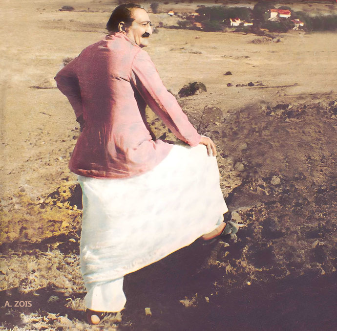 Meher Baba on Seclusion Hill with Meherazad in the distance