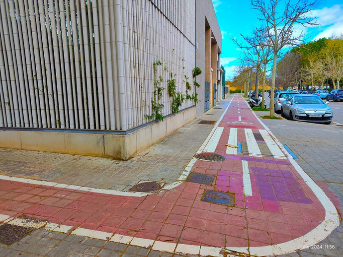 En el carril bici de la calle de Artur Ballester, la zona peatonal apenas llega a un metro. La mayor parte de la caer lo ocupa el carril bici.