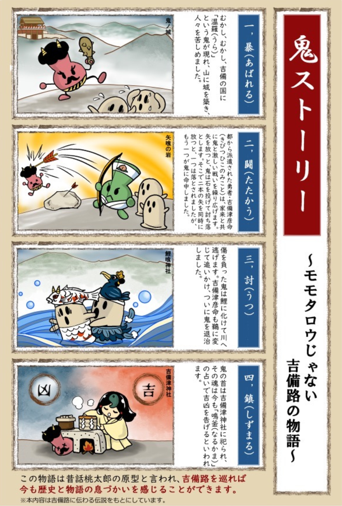 商品に封入される「しおり」では鬼伝説の名場面を4コマ漫画で紹介