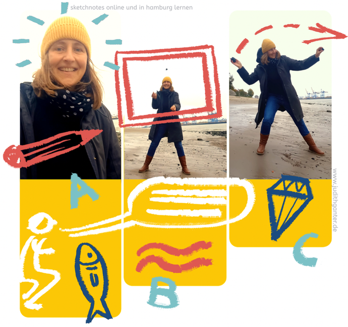 Judith Ganter am Elbstrand – Illustratorin und Sketchnote-Trainerin für Kita-Fortbildungen, natürliche Umgebung, ungestellt.