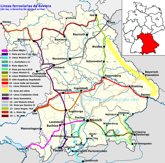 Líneas ferroviarias y rutas por Baviera (Bayern)