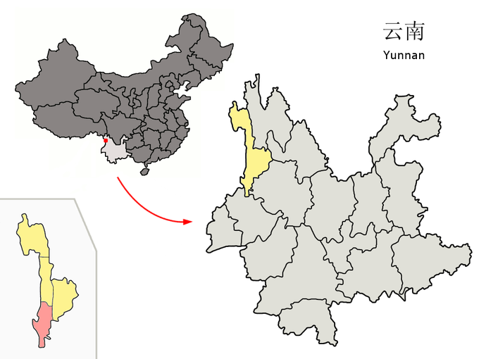 oben links: China, rechts: Yunnan, unten links, in rosa: Lushui (Liuku)