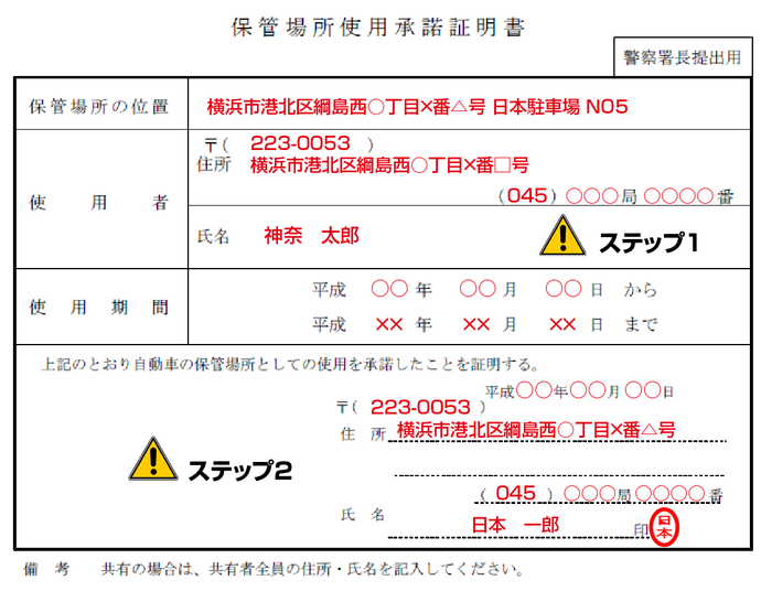 保管場所使用承諾証明書記入例（神奈川県の場合）