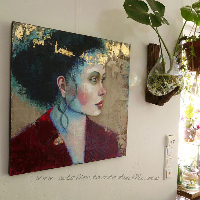 Mixed Media Painting with goldleaf "Forever and a day", www.ateliertantetrulla.de