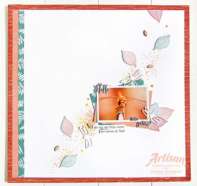 Layout mit Libelle und Stampin Up Designerpapier