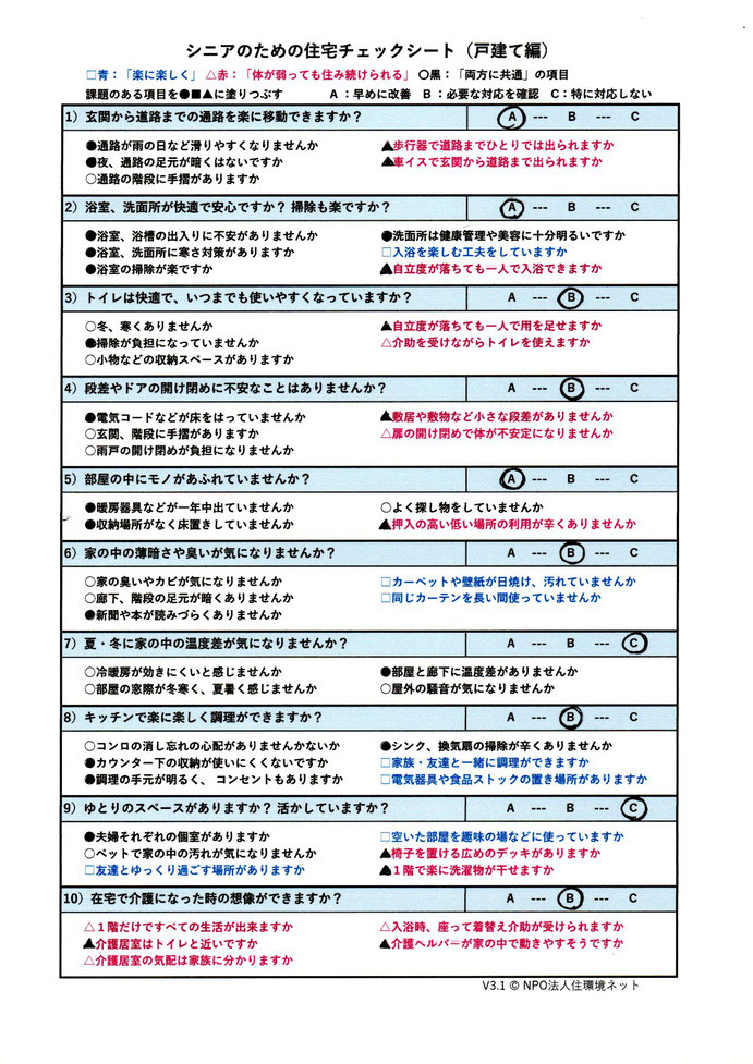 シニアのための住宅チェックシート戸建て編の記入例。10大項目、50小項目についてマークする。記入用PDFをダウンロード可能