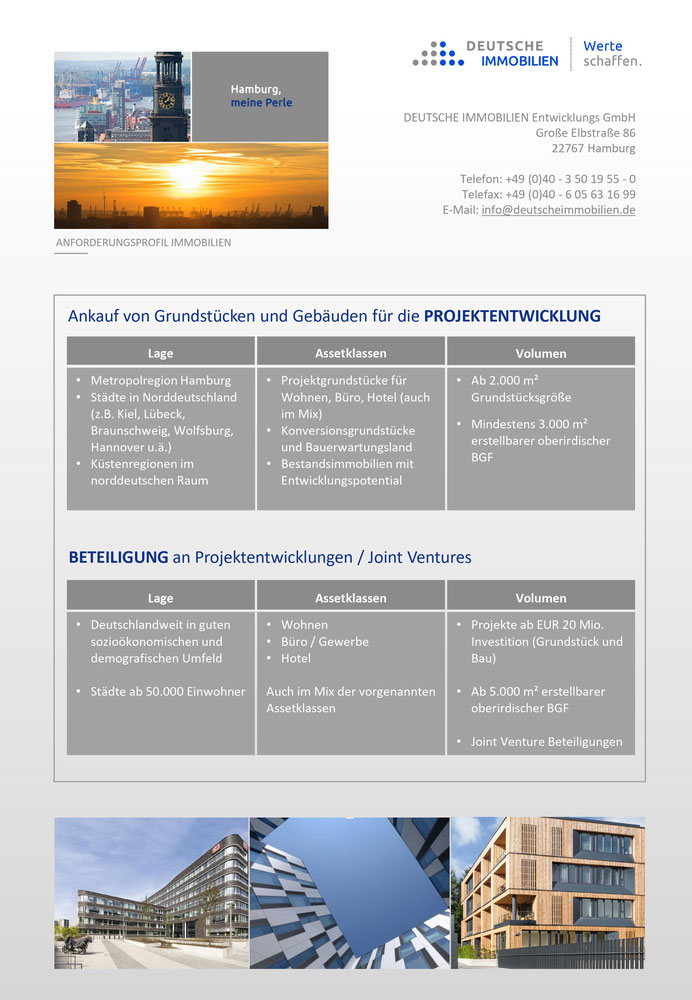 Grafik: "Immobilien-Ankaufsprofil - DEUTSCHE IMMOBILIEN Entwicklungs GmbH | Grundstücke u, Gebäude für die Projektentwicklung - Beteiligungen / Joint Ventures"