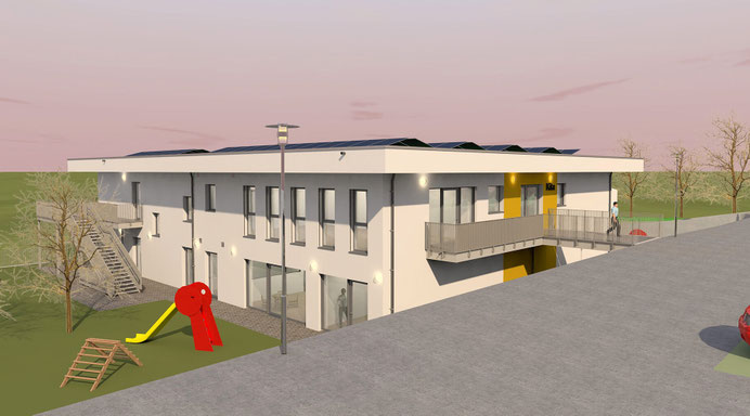 Neubau Kita Hasslinghausen in Sprockhövel, Visualisierung Süd-Ansicht mit Zugangsbrücke
