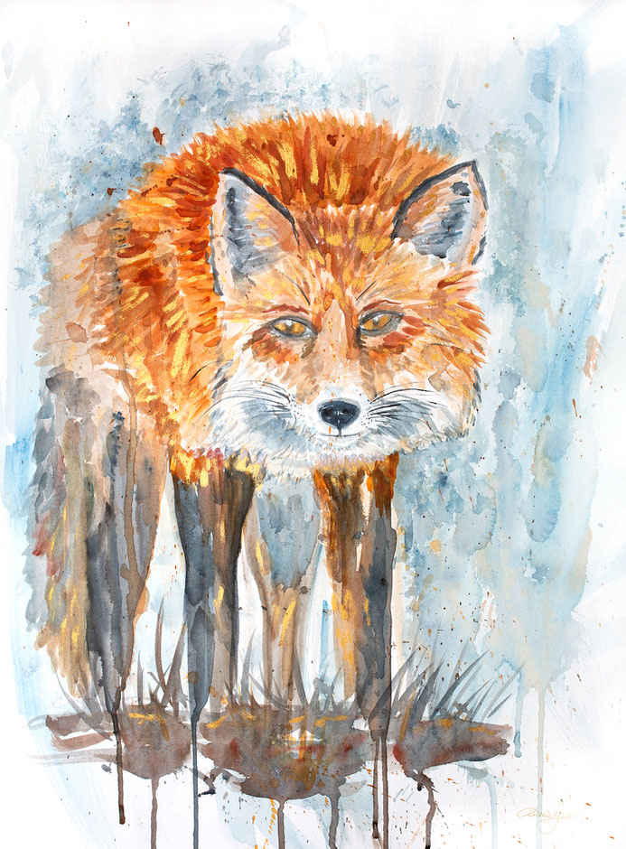 Fuchs Aquarell, fox watercolour watercolor illustration colourful Hahnemühle artwork Original painting Gemälde Malerei Fuchsliebe Fuchsillustration Illustration