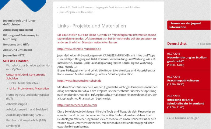 Link auf einer Hinweisseite des Kreisjugendring Nürnbergs für Jugendliche (Screenshot vom 04.07.2016)