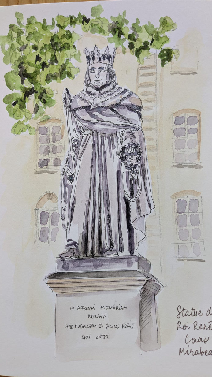 Croquis à l’aquarelle de la statue du roi René à Aix-en-Provence, une idée parfaite pour ton carnet de voyage entre patrimoine et croquis urbain.