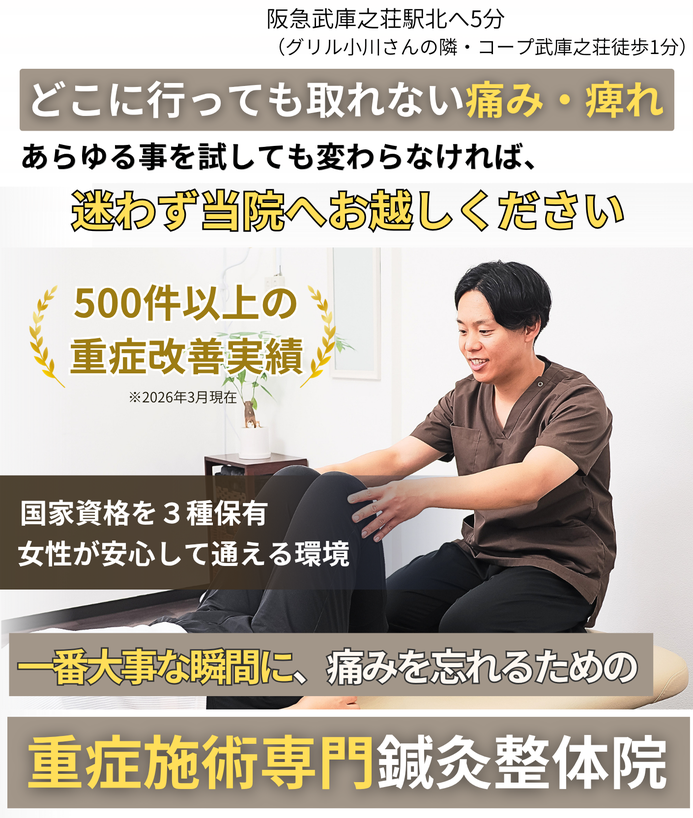 病院では手術を勧められている、マッサージも注射も薬も効かないとお困りのあなたへ。腰痛、ヘルニア、坐骨神経痛、重度の慢性痛、脊柱管狭窄症。変形性膝関節症、膝痛、五十肩、鍼灸治療は試されましたか。土日営業、、武庫之荘駅徒歩5分。