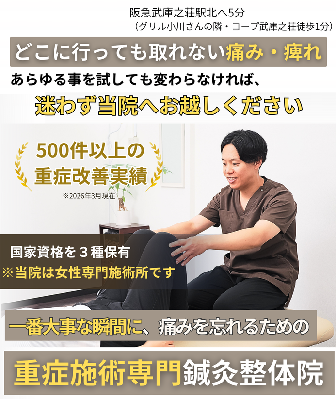 病院では手術を勧められている、マッサージも注射も薬も効かないとお困りのあなたへ。腰痛、ヘルニア、坐骨神経痛、重度の慢性痛、脊柱管狭窄症。変形性膝関節症、膝痛、五十肩、鍼灸治療は試されましたか。土日営業、、武庫之荘駅徒歩5分。