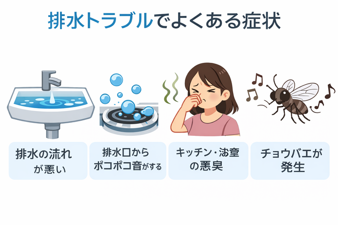 排水の流れが悪い・排水口のボコボコ音・キッチンや浴室の悪臭・チョウバエ発生など排水トラブルの症状イラスト