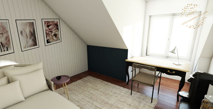 quimper architecture intérieur décoration renovation chambre bureau papier peint au fil des couleurs fleurs lambris blanc
