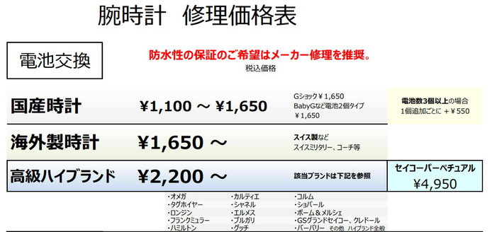 (株)福田時計店　腕時計の電池交換　￥1,100から