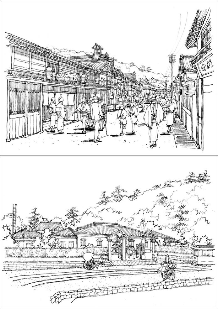 線画パース　perspective using pencils