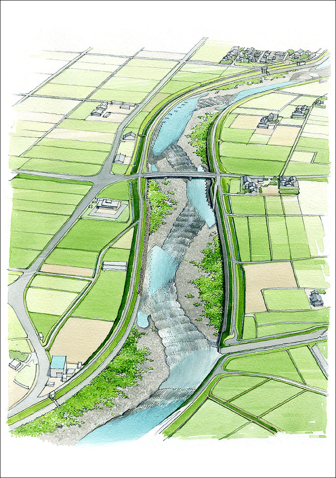 手描き河川改修イメージパース　river improvement image perspective drawing