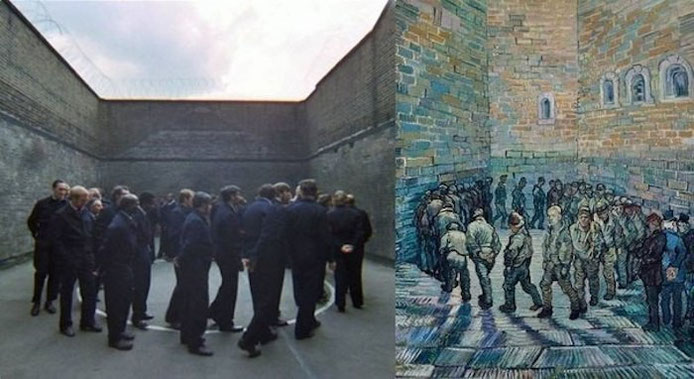 Сцена из фильма Стэнли Кубрика «Заводной апельсин» (1971) по мотивам картины Винсента ван Гога «Прогулка заключённых» (1872)