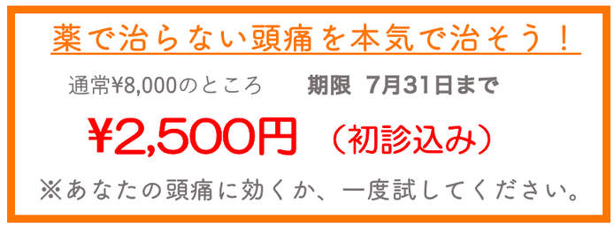 薬で治らない頭痛を本気で治そう！通常¥8000のところ2月28日まで¥2500でお試しいただけます。あなたの頭痛、偏頭痛に効くか、一度試してください。