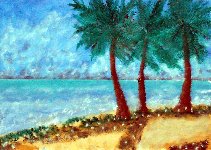 Palmen am Strand,, Mischtechnikmalerei, Meer, Strand, Palmen, Bäume, Himmel, Blumen, Gras, Sand, Seascape, Ölfarbe, Pastellkreide, Mischtechnikgemälde
