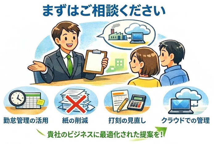 給与計算の見直し、紙の明細削減、タイムカード運用の見直し、クラウド管理への移行相談を案内する社会保険労務士事務所のイラスト。